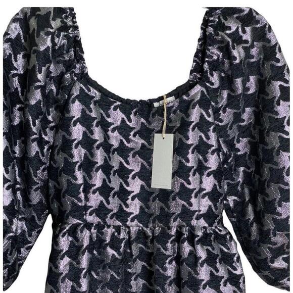 NEW Anthropologie DAMASK houndstooth Dress Balloon Sleeves XSMALL Silver Black - Picture 6 of 10